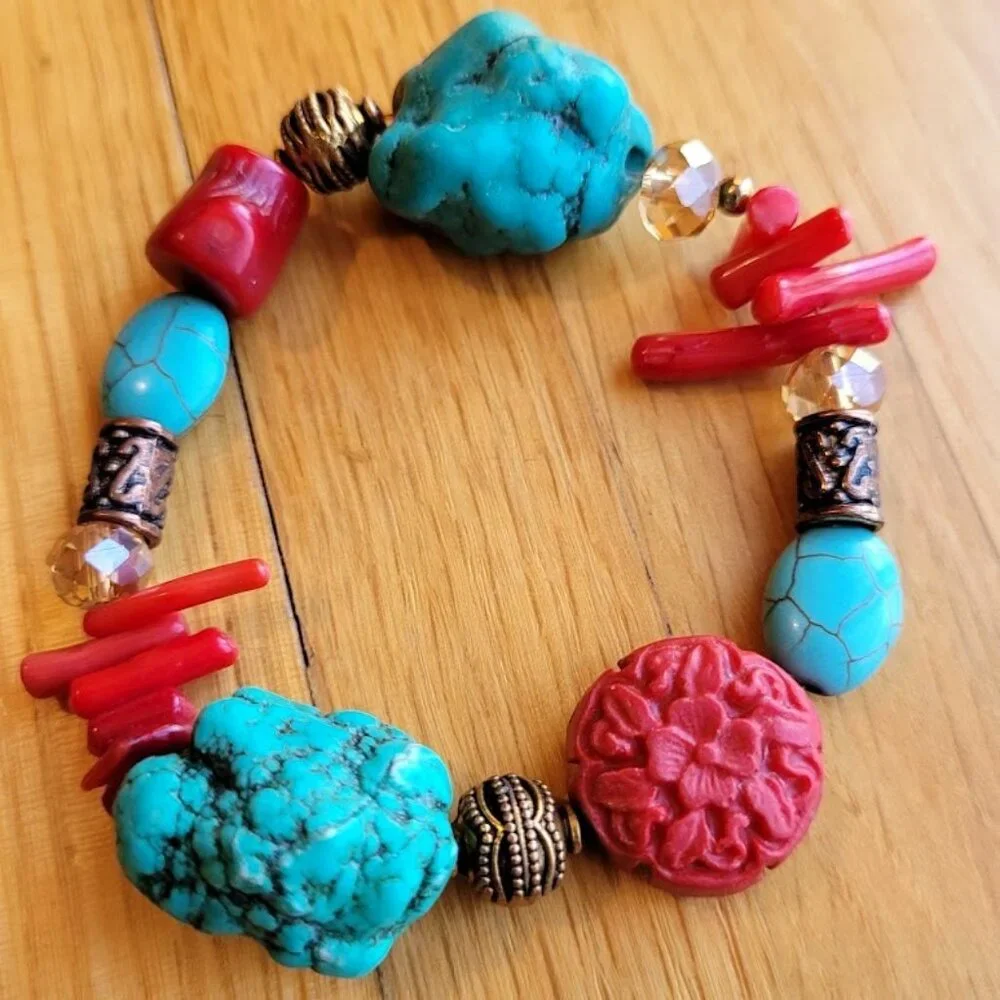 SET of 3 Southwest Turquoise & Red Coral Chip Multi Bead Stretch Bracelets Stack - Picture 2 of 5